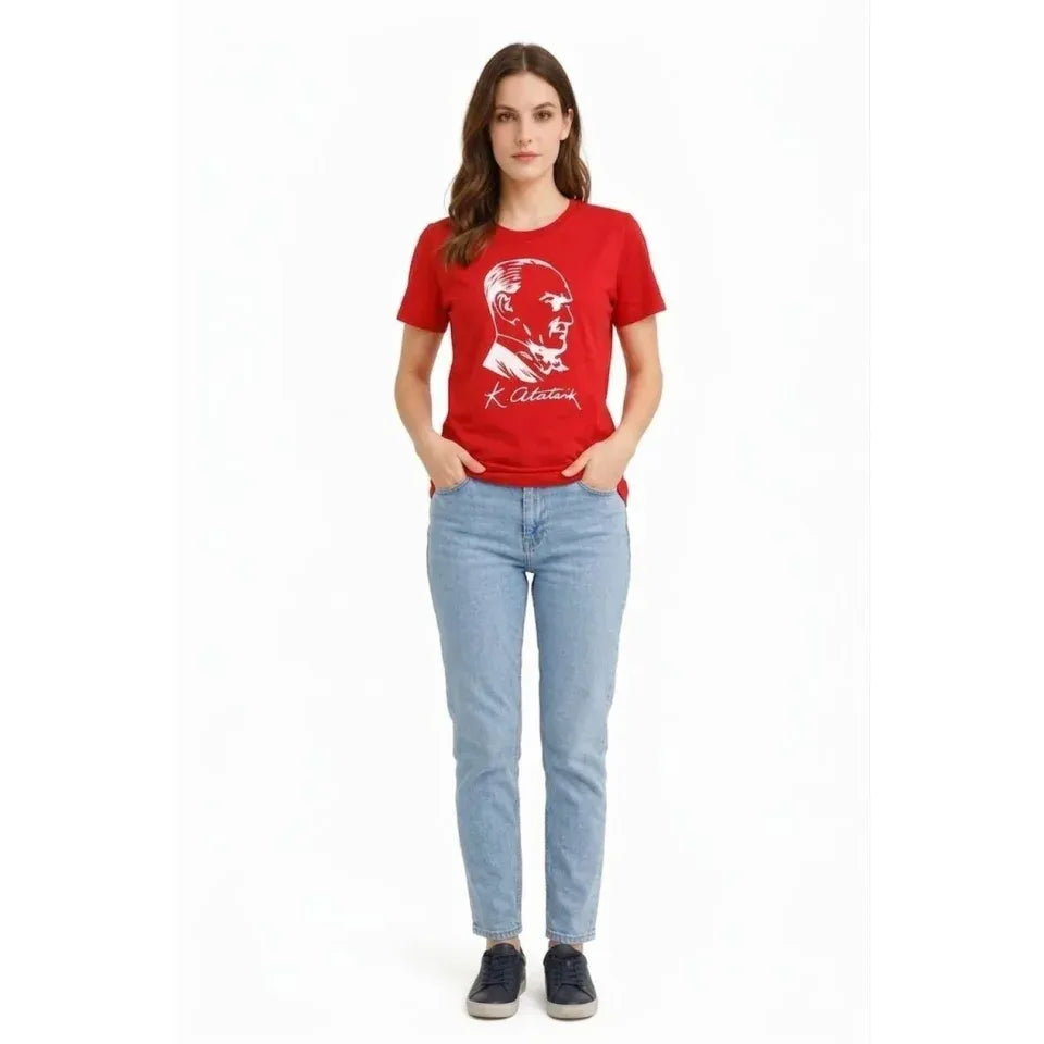 Atatürk Baskılı Tişört Kısa Kollu Bisiklet Yaka  T-Shirt - Kırmızı