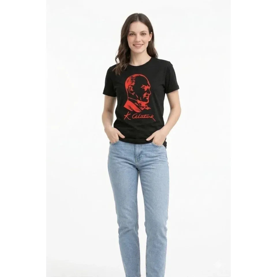 Atatürk Baskılı Tişört Kısa Kollu Bisiklet Yaka  T-Shirt - Siyah