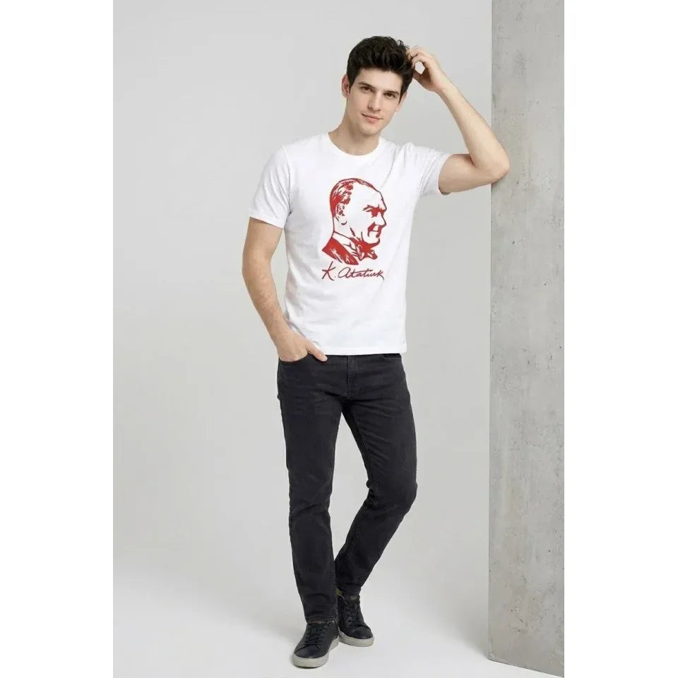 Erkek Atatürk Baskılı Tişört Kısa Kollu Bisiklet Yaka T-Shirt - Beyaz