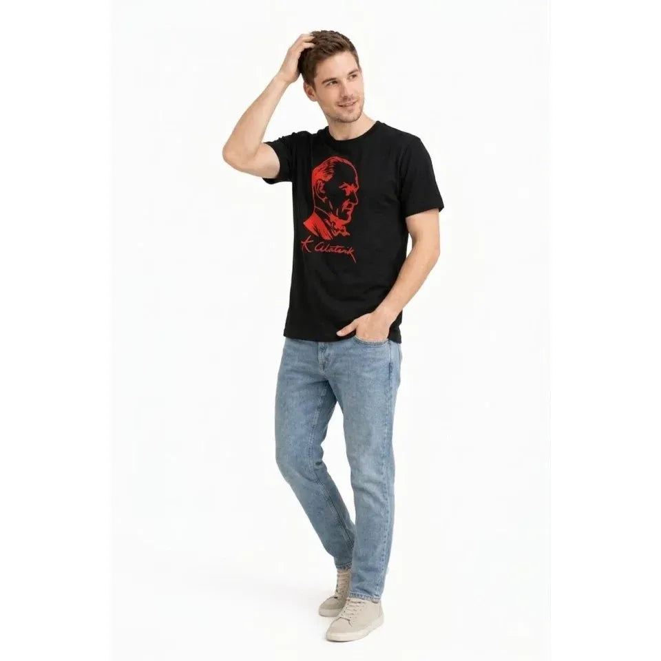Erkek Atatürk Baskılı Tişört Kısa Kollu Bisiklet Yaka T-Shirt - Siyah