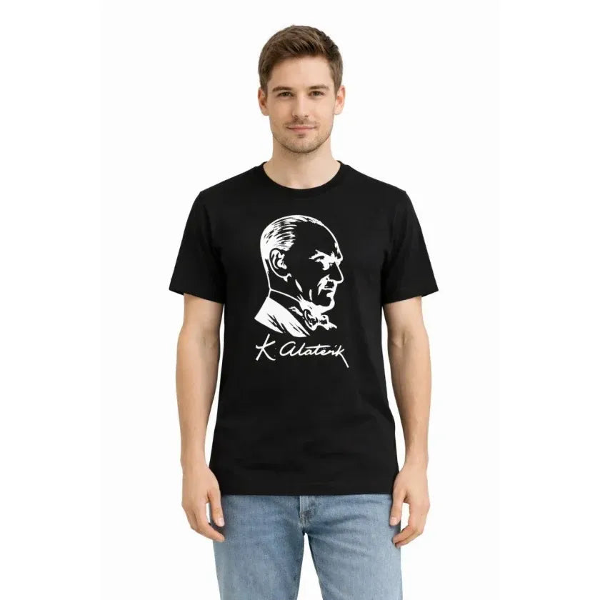 Erkek Atatürk Baskılı Tişört Kısa Kollu Bisiklet Yaka T-Shirt - Siyah
