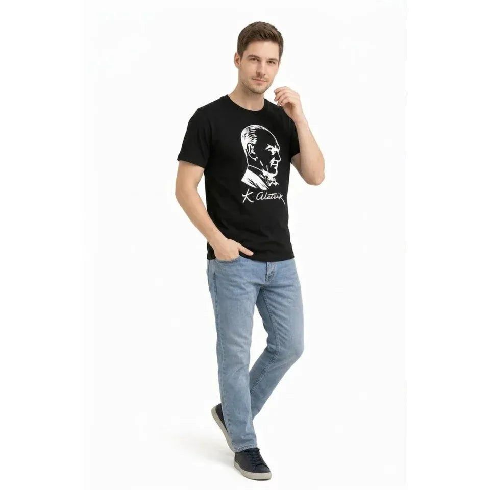 Erkek Atatürk Baskılı Tişört Kısa Kollu Bisiklet Yaka T-Shirt - Siyah