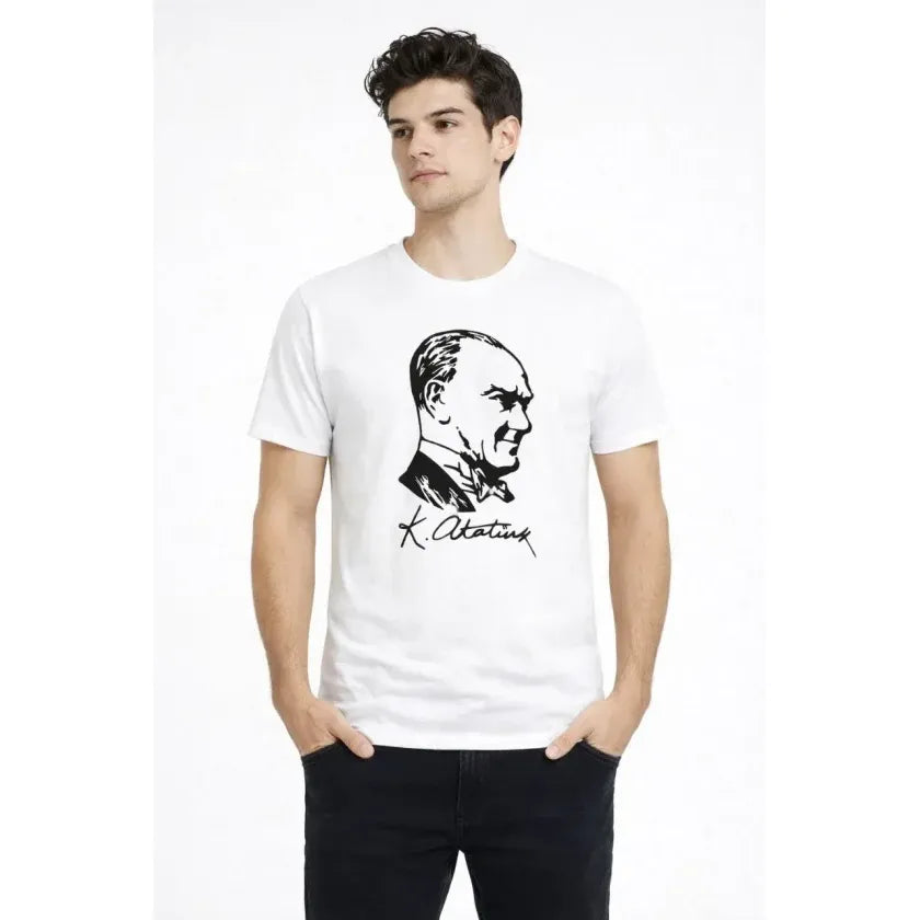 Erkek Atatürk Baskılı Tişört Kısa Kollu Bisiklet Yaka T-Shirt - Beyaz