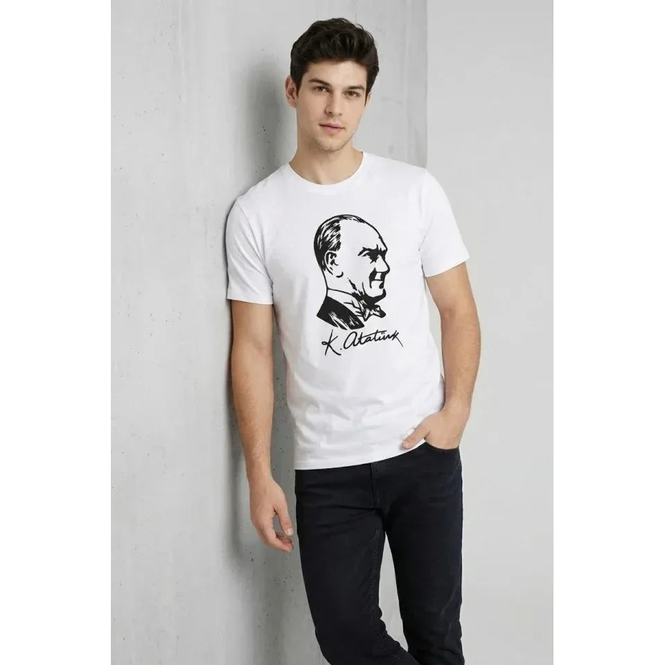 Erkek Atatürk Baskılı Tişört Kısa Kollu Bisiklet Yaka T-Shirt - Beyaz