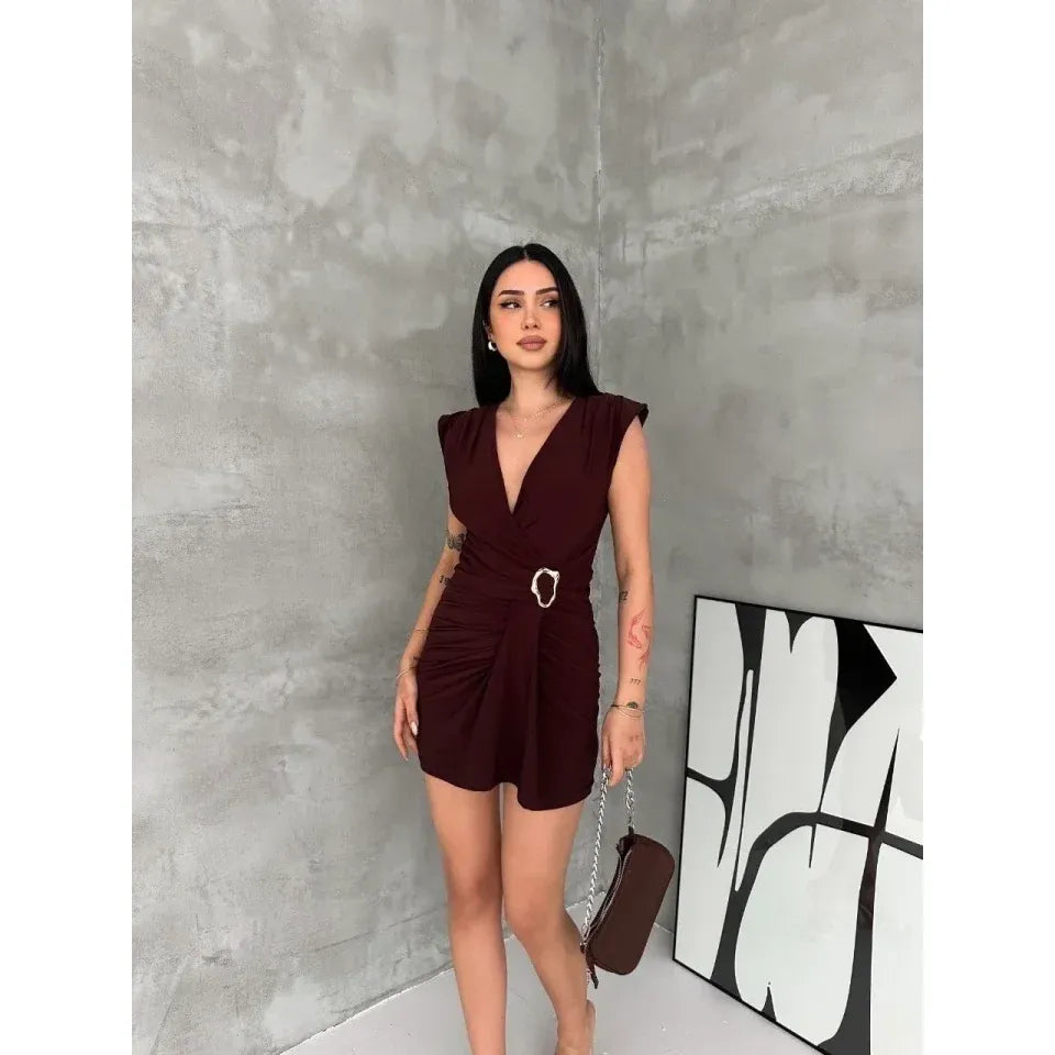 Kruvaze Drapeli Tokalı Mini Elbise Şık Gece Davet Abiye - Kahverengi