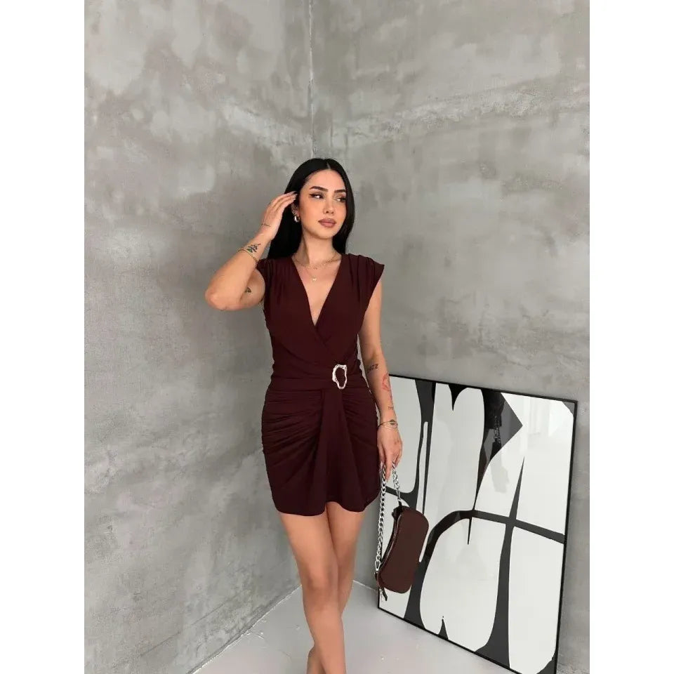 Kruvaze Drapeli Tokalı Mini Elbise Şık Gece Davet Abiye - Kahverengi