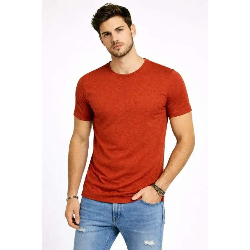 Erkek Flam Kumaş Melanj Dokulu Regular Fit Tişört Bisiklet Yaka Yazlık T-Shirt - Kiremit