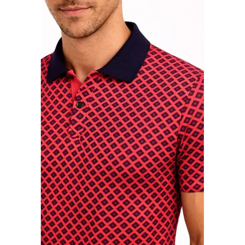 Erkek Pike Kumaş Polo Yaka Desenli Tişört Kısa Kol Yazlık T-Shirt - Kırmızı