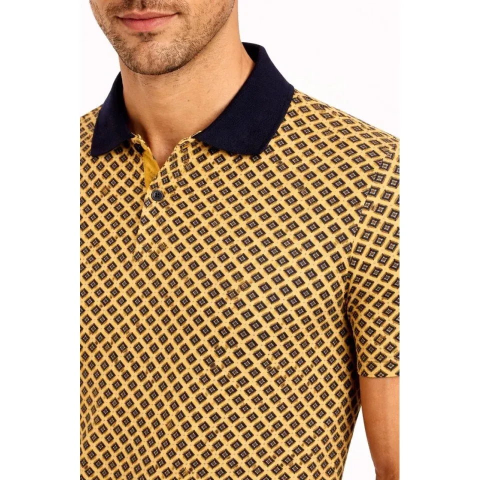 Erkek Pike Kumaş Polo Yaka Desenli Tişört Kısa Kol Yazlık T-Shirt - Sarı
