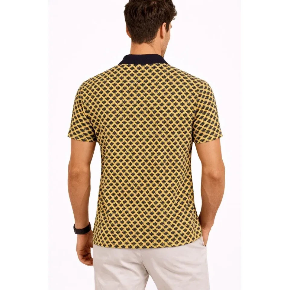 Erkek Pike Kumaş Polo Yaka Desenli Tişört Kısa Kol Yazlık T-Shirt - Sarı