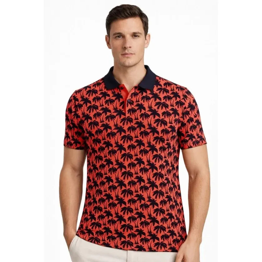 Erkek Pike Kumaş Polo Yaka Palmiye Desenli Tişört Kısa Kol Yazlık T-Shirt - Kırmızı
