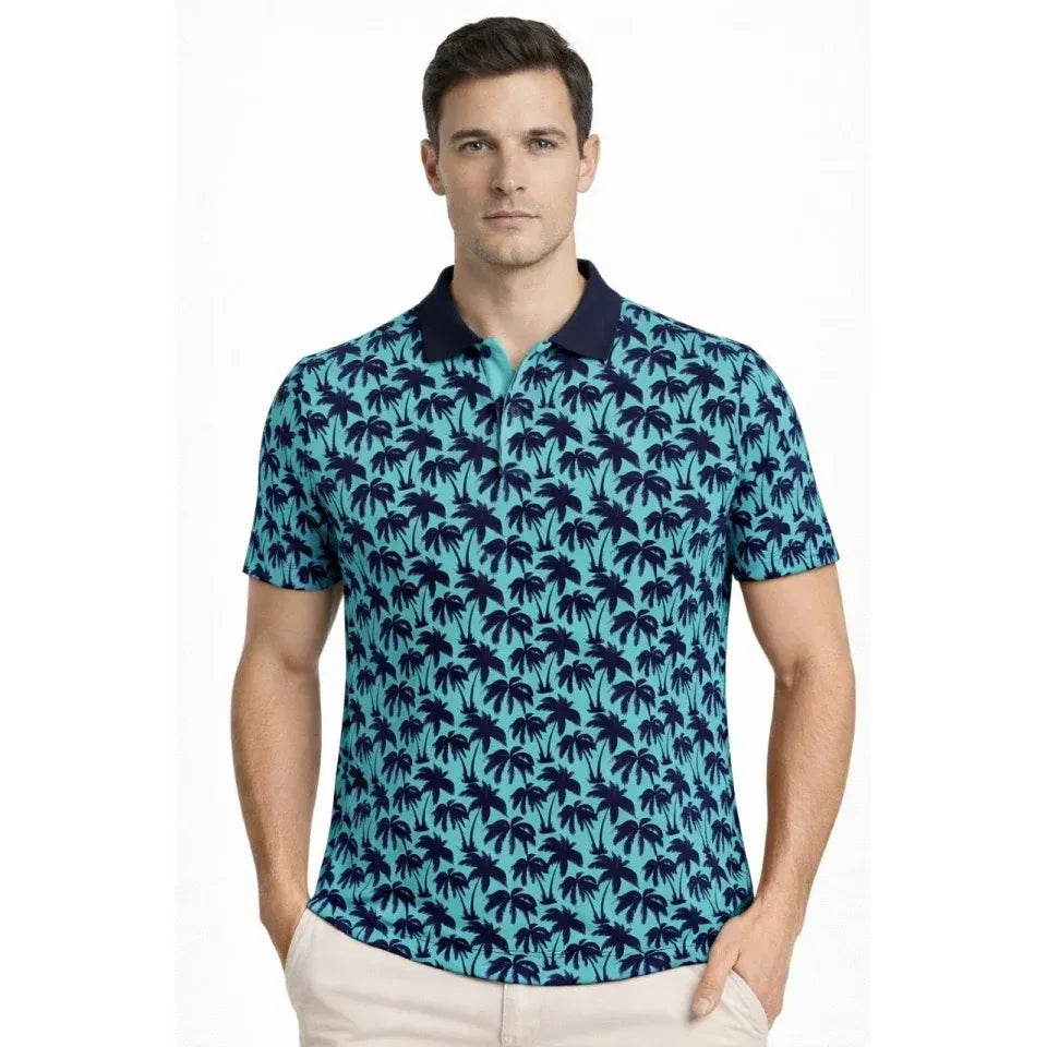 Erkek Pike Kumaş Polo Yaka Palmiye Desenli Tişört Kısa Kol Yazlık T-Shirt - Turkuaz