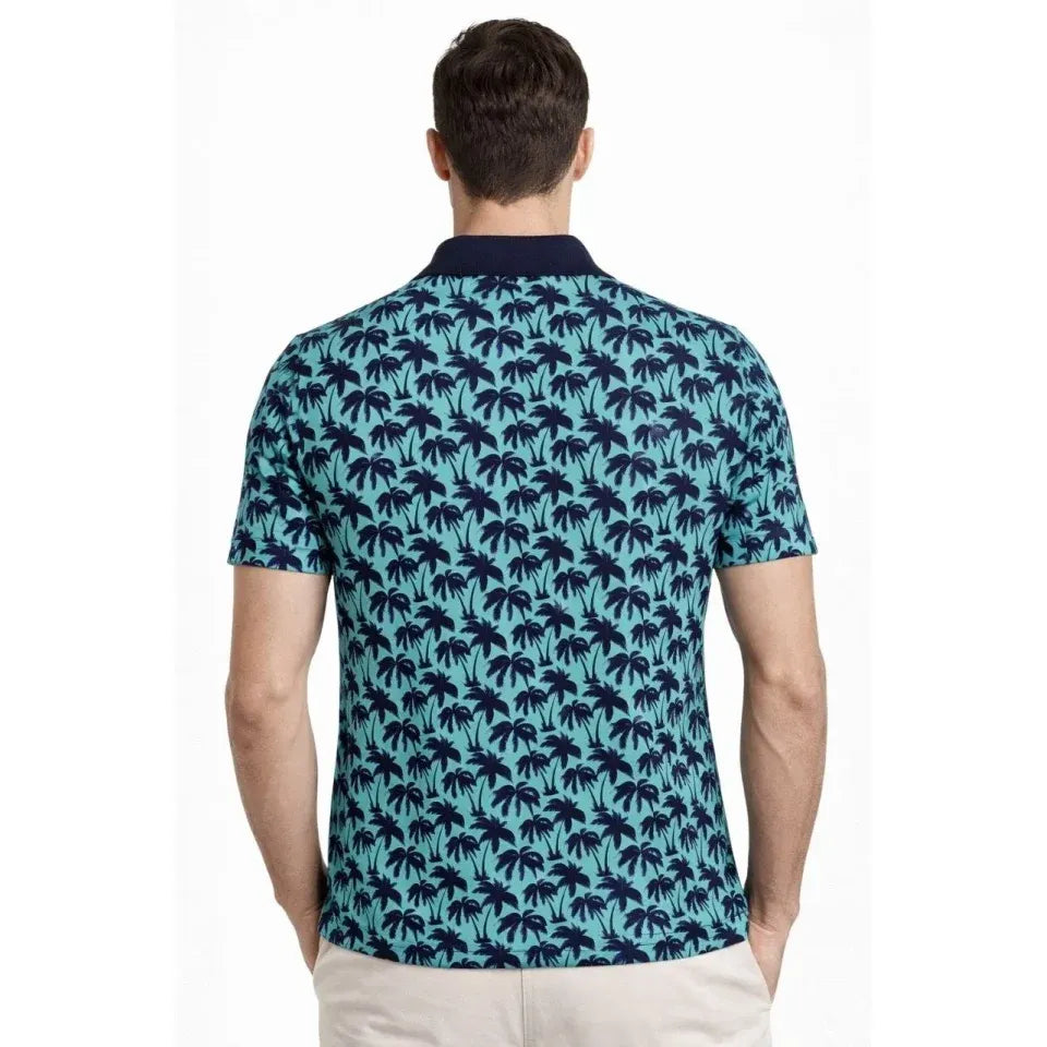 Erkek Pike Kumaş Polo Yaka Palmiye Desenli Tişört Kısa Kol Yazlık T-Shirt - Turkuaz