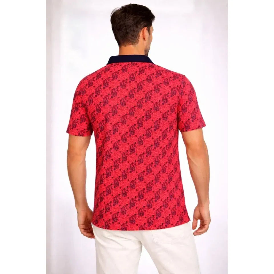 Erkek Pike Kumaş Polo Yaka Palmiye Desenli Tişört Kısa Kol Yazlık T-Shirt - Kırmızı