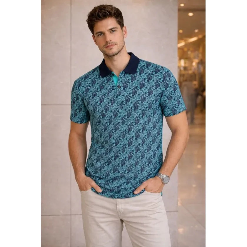 Erkek Pike Kumaş Polo Yaka Palmiye Desenli Tişört Kısa Kol Yazlık T-Shirt - Turkuaz