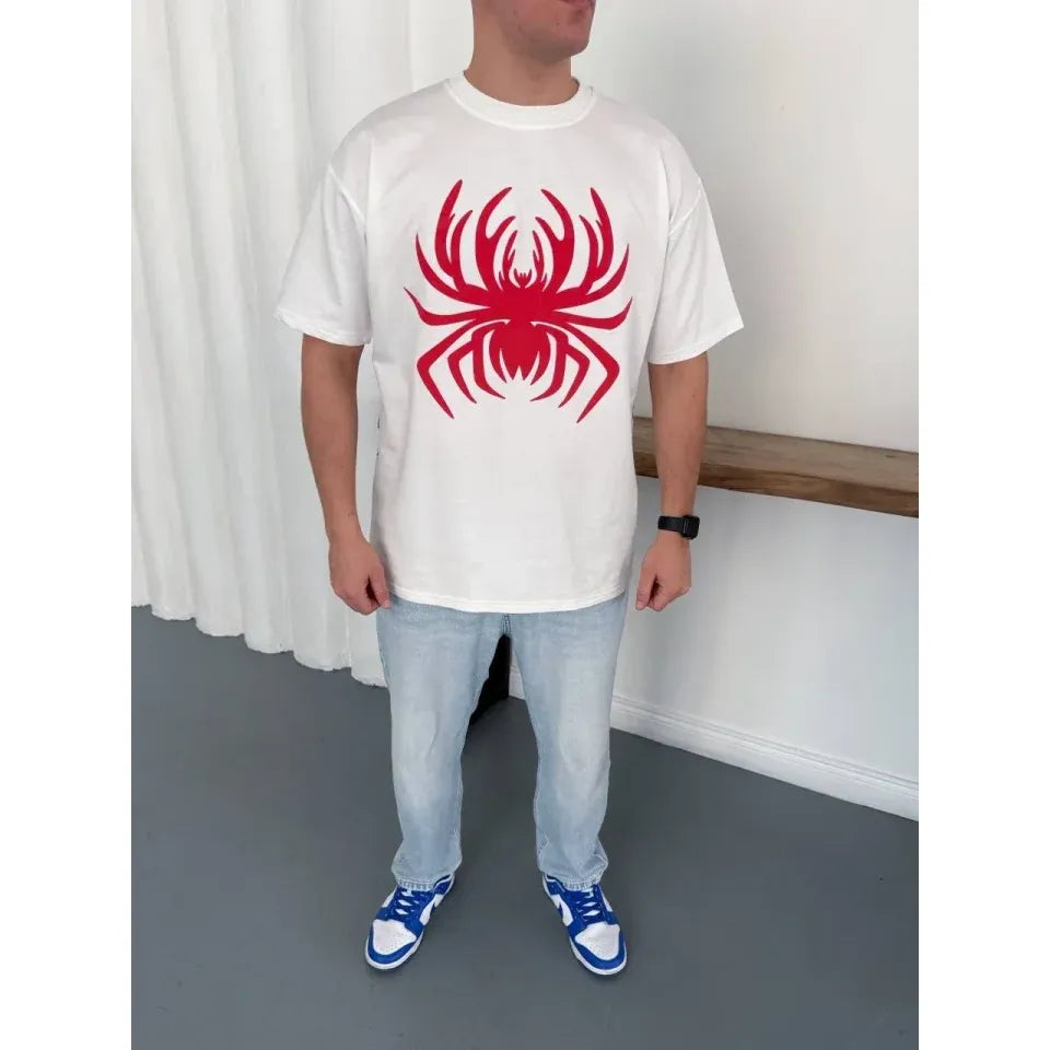 Erkek Örümcek Baskılı Tişört Kısa Kollu Bisiklet Yaka T-Shirt - Beyaz