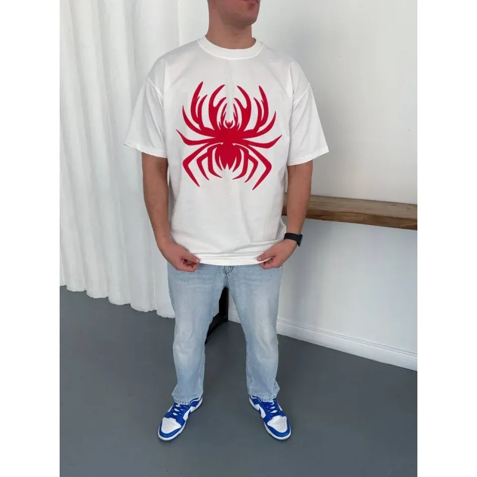 Erkek Örümcek Baskılı Tişört Kısa Kollu Bisiklet Yaka T-Shirt - Beyaz
