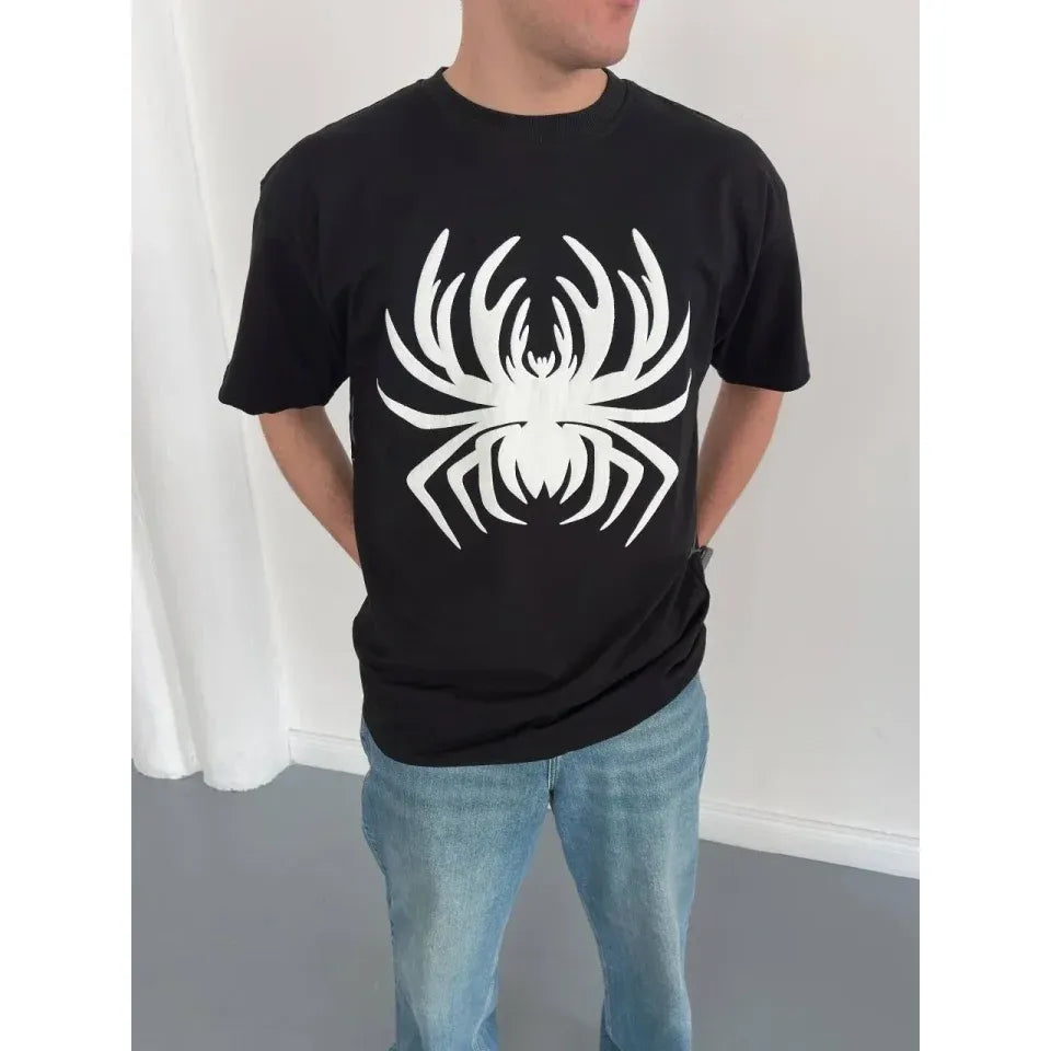 Erkek Örümcek Baskılı Tişört Kısa Kollu Bisiklet Yaka T-Shirt - Siyah