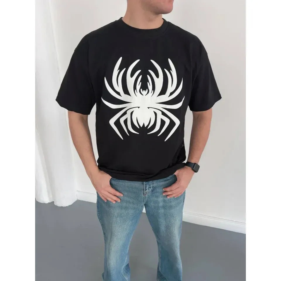 Erkek Örümcek Baskılı Tişört Kısa Kollu Bisiklet Yaka T-Shirt - Siyah