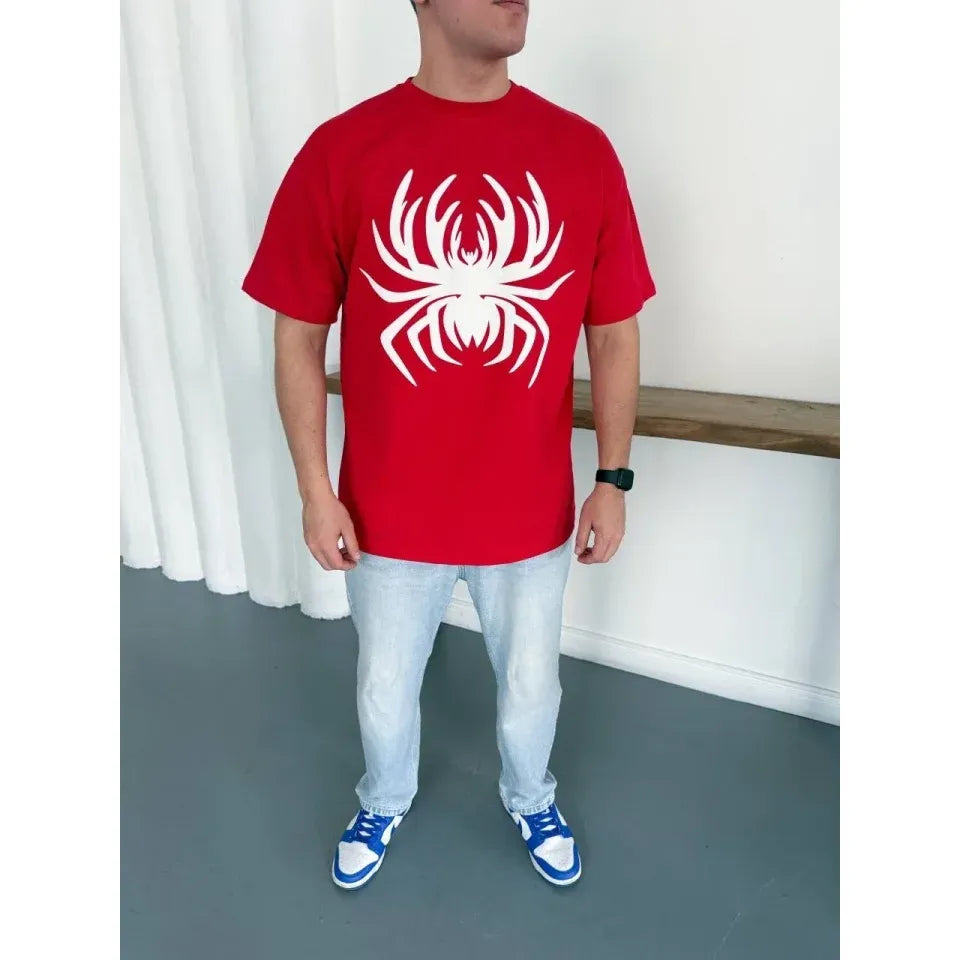 Erkek Örümcek Baskılı Tişört Kısa Kollu Bisiklet Yaka T-Shirt - Kırmızı
