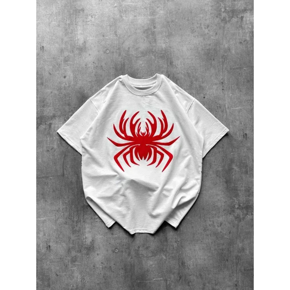 Örümcek Baskılı Tişört Kısa Kollu Bisiklet Yaka T-Shirt - Beyaz