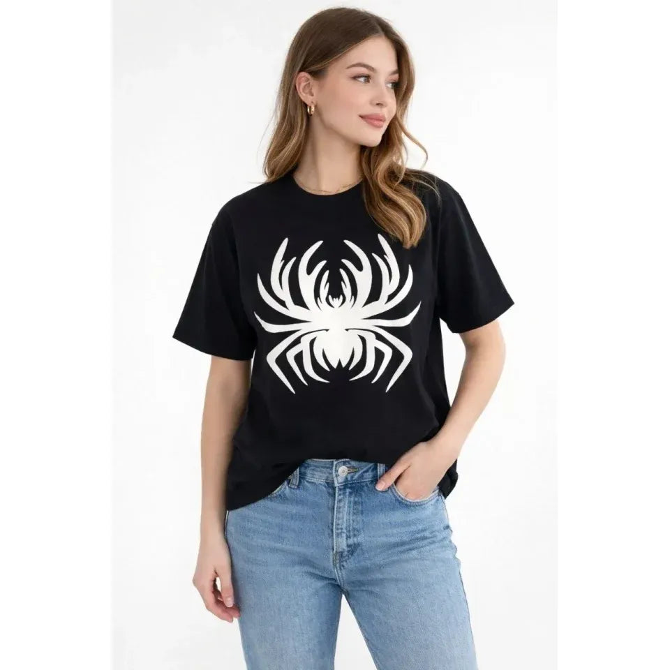 Örümcek Baskılı Tişört Kısa Kollu Bisiklet Yaka T-Shirt - Siyah