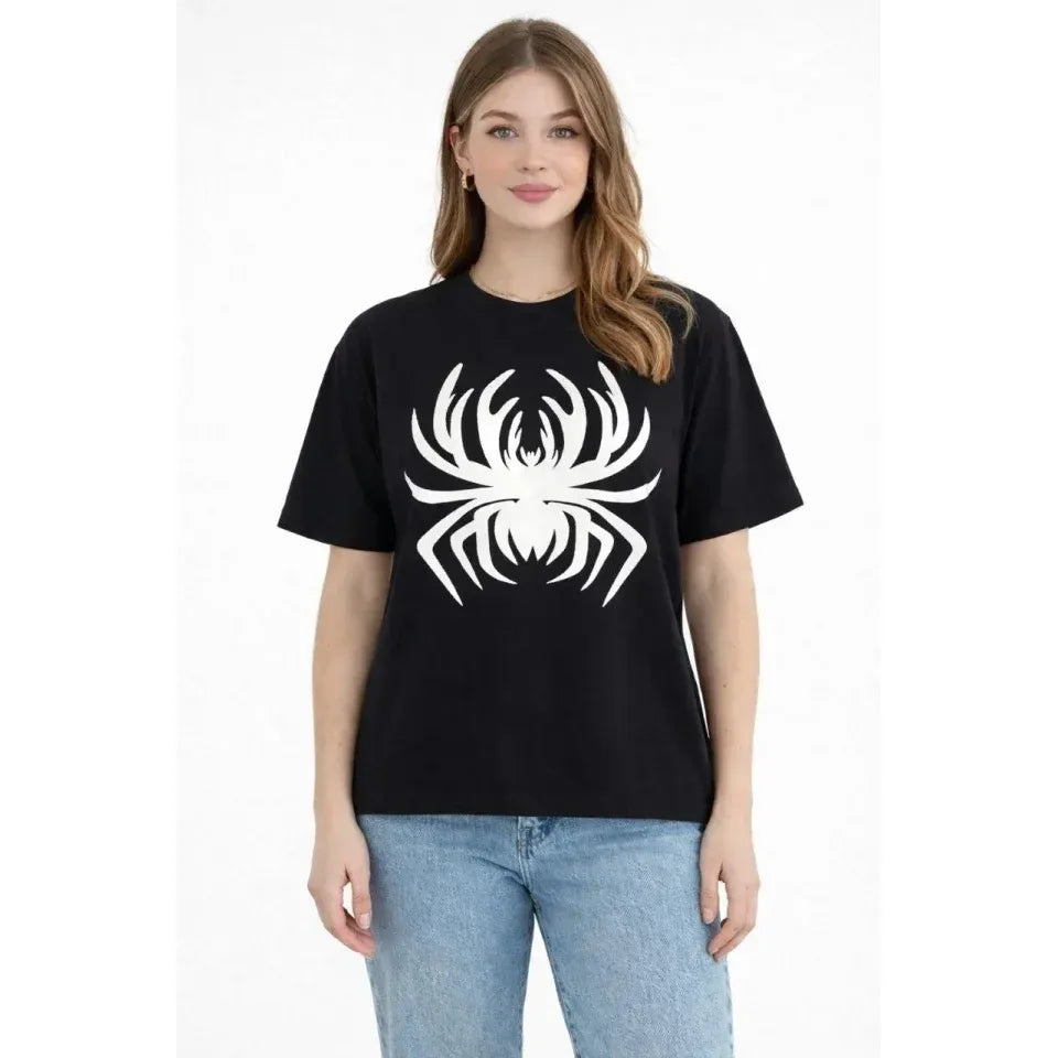 Örümcek Baskılı Tişört Kısa Kollu Bisiklet Yaka T-Shirt - Siyah