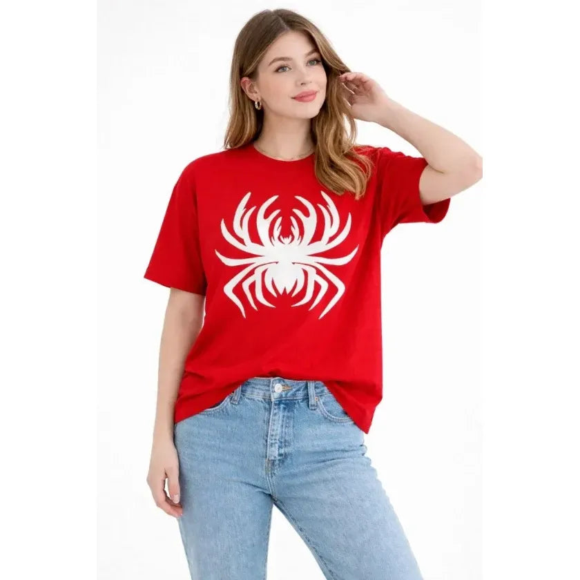 Örümcek Baskılı Tişört Kısa Kollu Bisiklet Yaka T-Shirt - Kırmızı