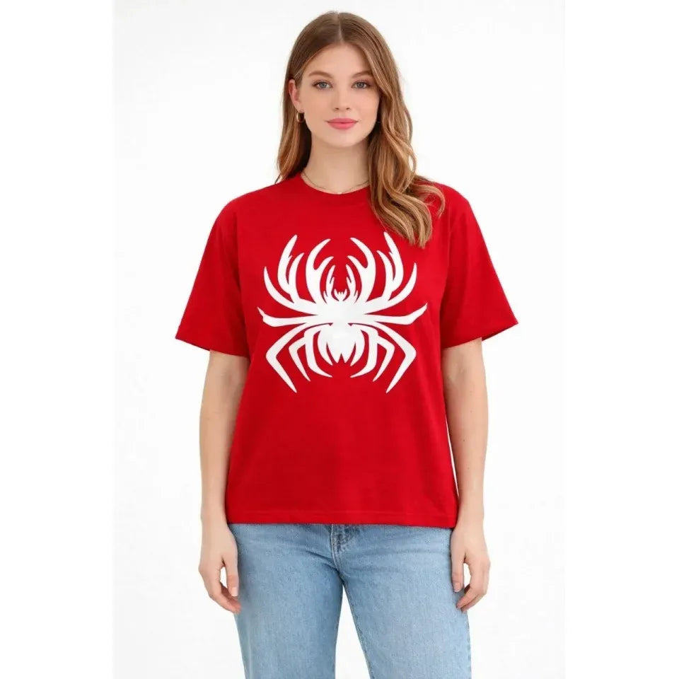 Örümcek Baskılı Tişört Kısa Kollu Bisiklet Yaka T-Shirt - Kırmızı