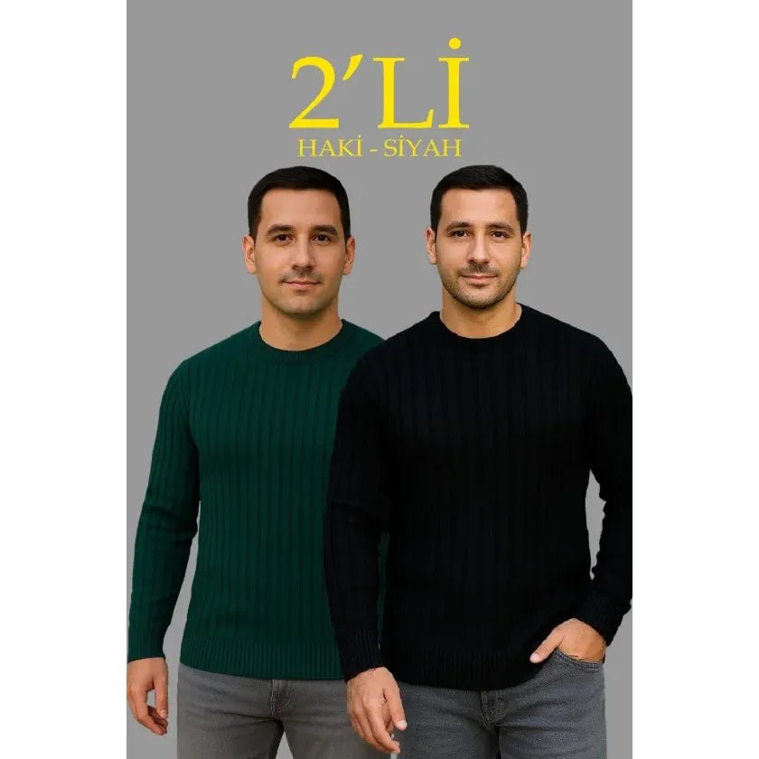 Erkek Fitilli Triko Kazak 2’li Set Siyah Haki Kalın Dokuma Pamuklu Regular Fit Bisiklet