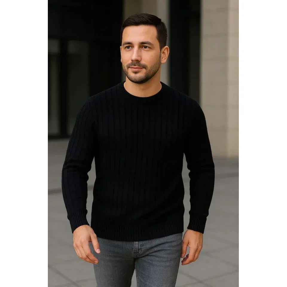Erkek Fitilli Triko Kazak 2’li Set Siyah Haki Kalın Dokuma Pamuklu Regular Fit Bisiklet