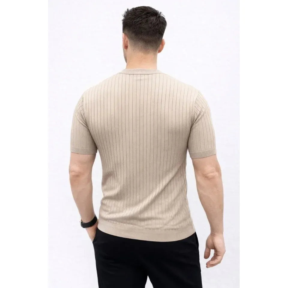 Erkek Kısa Kol Fitilli Triko T-Shirt Yazlık Hakim Yaka Tişört - Bej