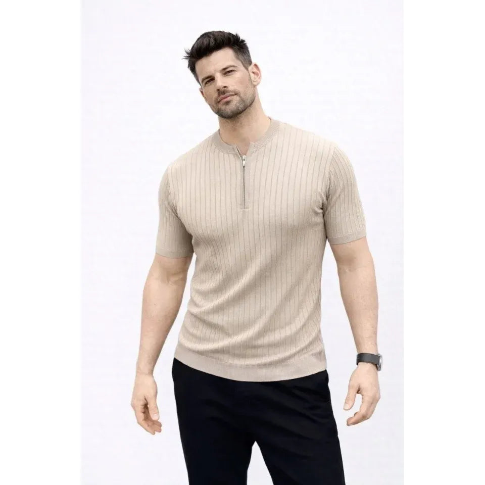 Erkek Kısa Kol Fitilli Triko T-Shirt Yazlık Hakim Yaka Tişört - Bej