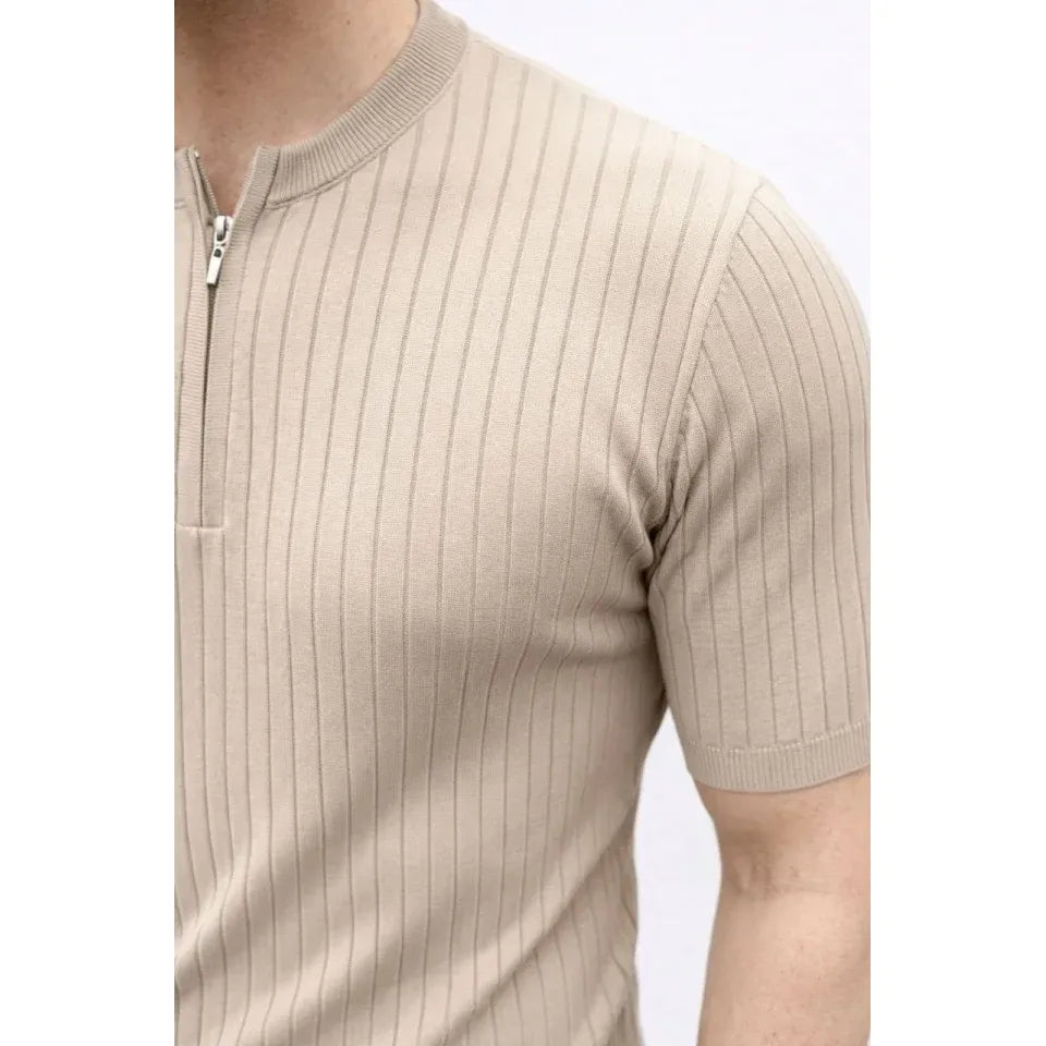 Erkek Kısa Kol Fitilli Triko T-Shirt Yazlık Hakim Yaka Tişört - Bej