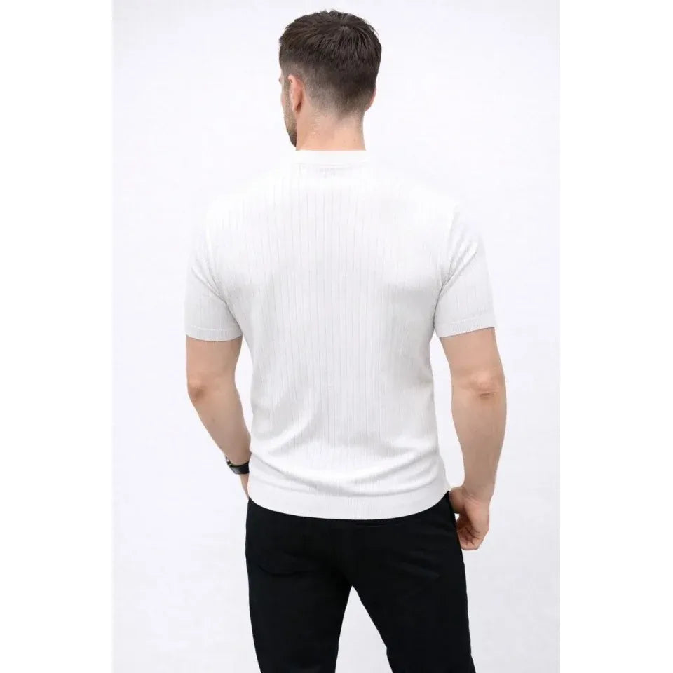 Erkek Kısa Kol Fitilli Triko T-Shirt Yazlık Hakim Yaka Tişört - Beyaz