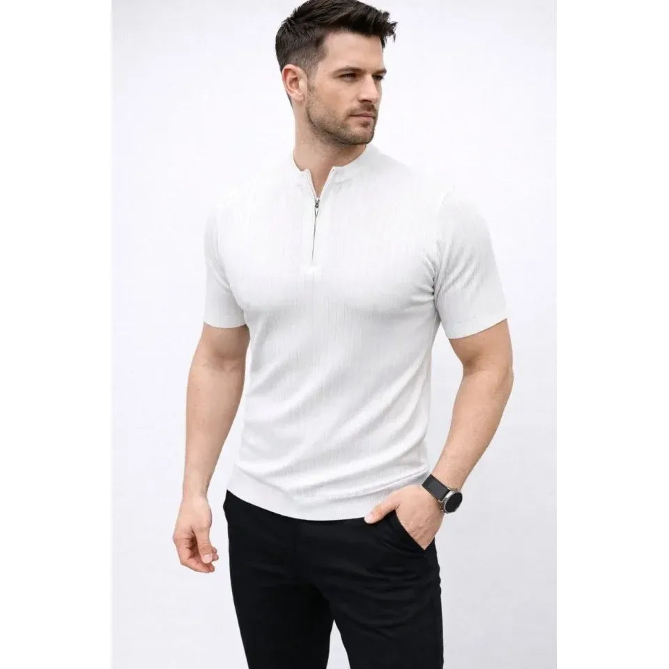 Erkek Kısa Kol Fitilli Triko T-Shirt Yazlık Hakim Yaka Tişört - Beyaz