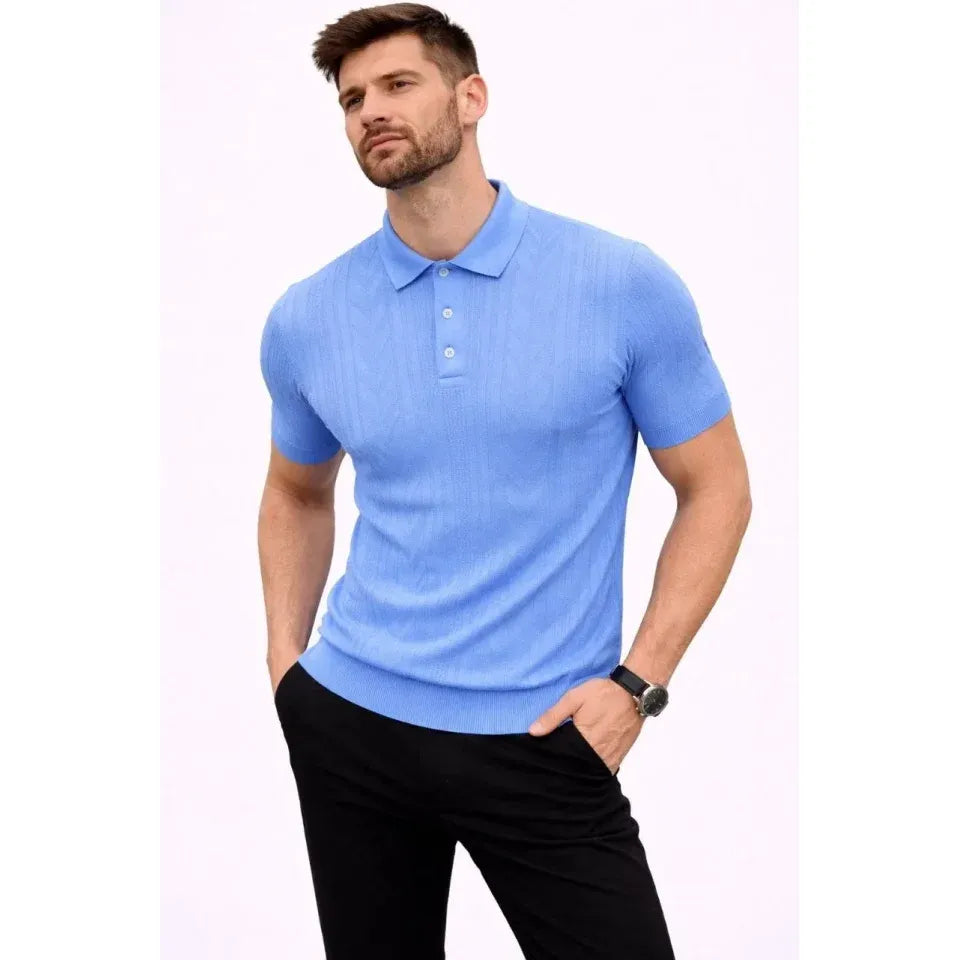 Erkek Yazlık Triko Tişört Kısa Kol Polo Yaka Düğmeli T-Shirt - Bebek Mavisi