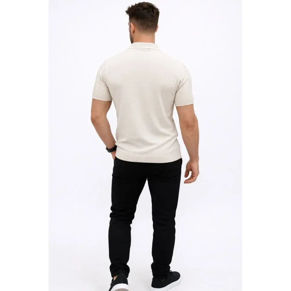Erkek Yazlık Triko Tişört Kısa Kol Polo Yaka Düğmeli T-Shirt - Krem