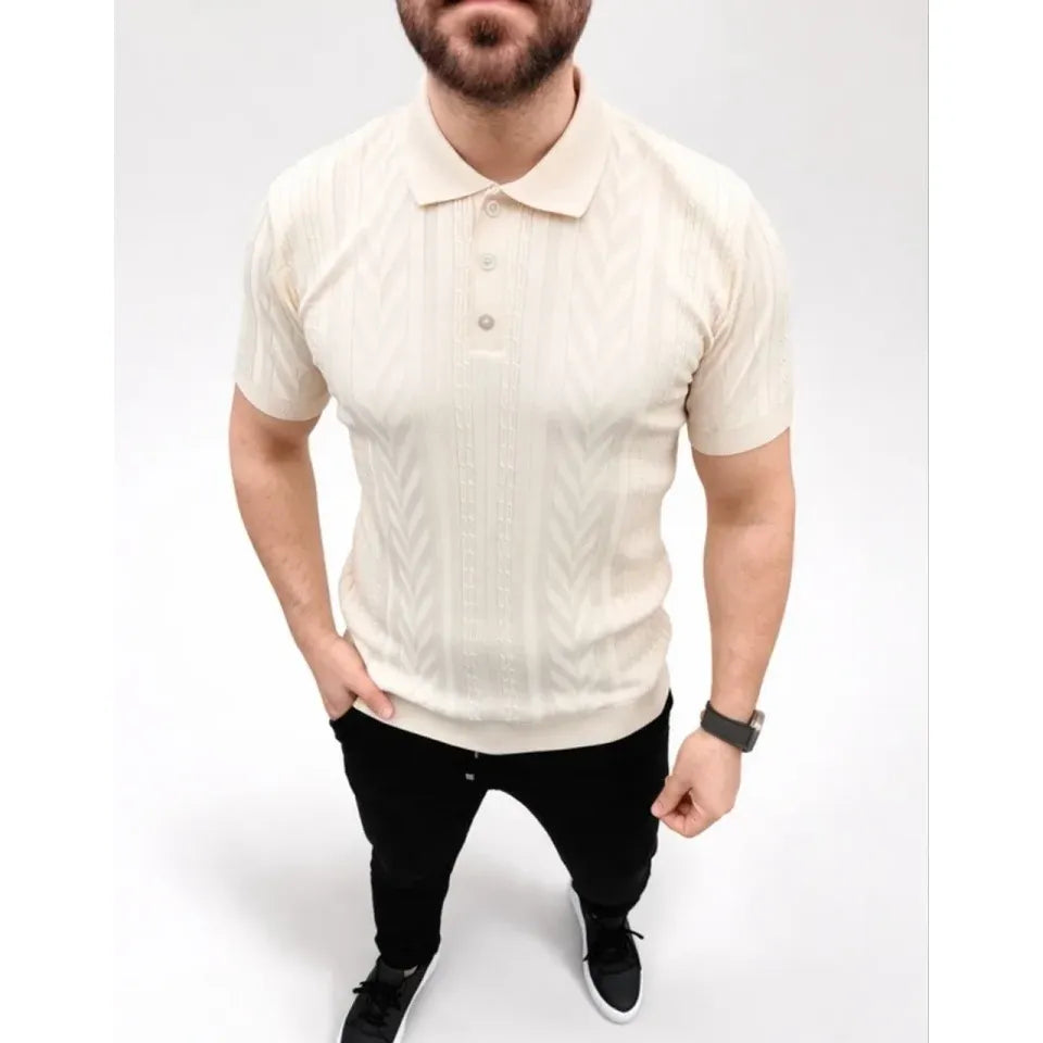 Erkek Yazlık Triko Tişört Kısa Kol Polo Yaka Düğmeli T-Shirt - Krem