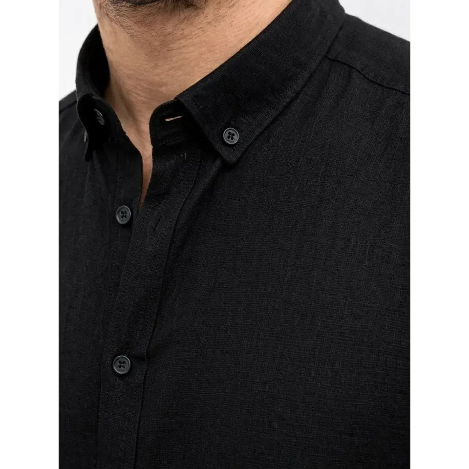 Erkek KETEN Kumaş Oversize Uzun Kollu Rahat Kalıp Gömlek - Siyah