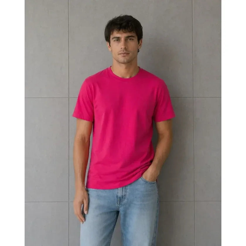 Erkek Basic Pamuklu Tişört Bisiklet Yaka Düz Renk Regular Fit T-Shirt - Fuşya