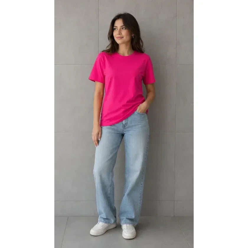 Basic Pamuklu Tişört Bisiklet Yaka Düz Renk Relaxed Fit T-Shirt - Fuşya