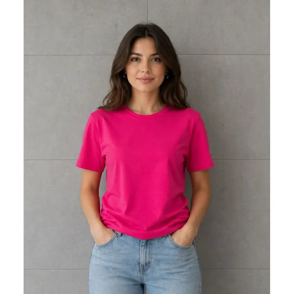 Basic Pamuklu Tişört Bisiklet Yaka Düz Renk Relaxed Fit T-Shirt - Fuşya