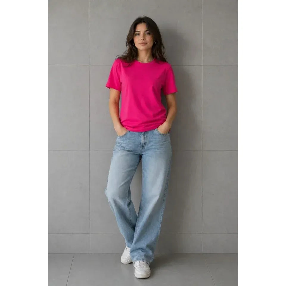 Basic Pamuklu Tişört Bisiklet Yaka Düz Renk Relaxed Fit T-Shirt - Fuşya