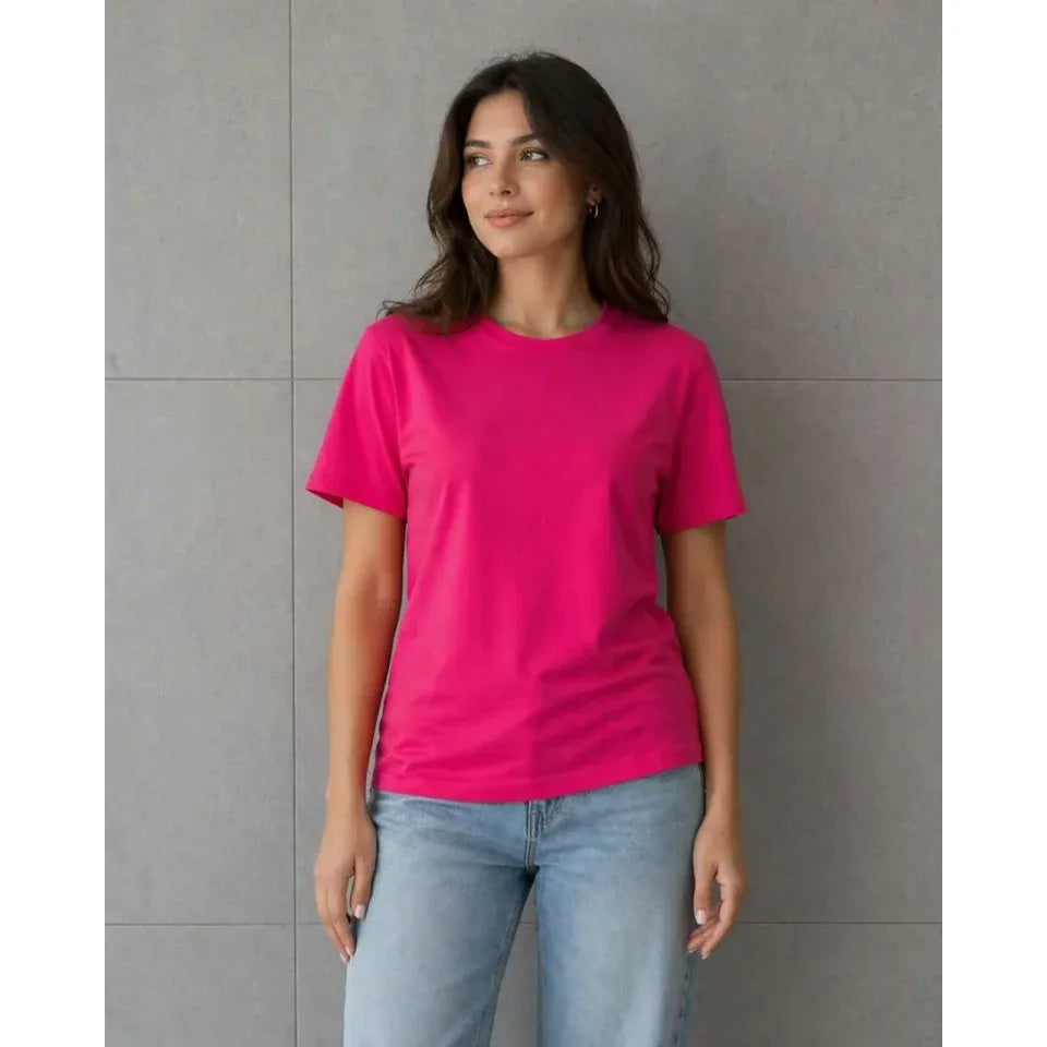 Basic Pamuklu Tişört Bisiklet Yaka Düz Renk Relaxed Fit T-Shirt - Fuşya