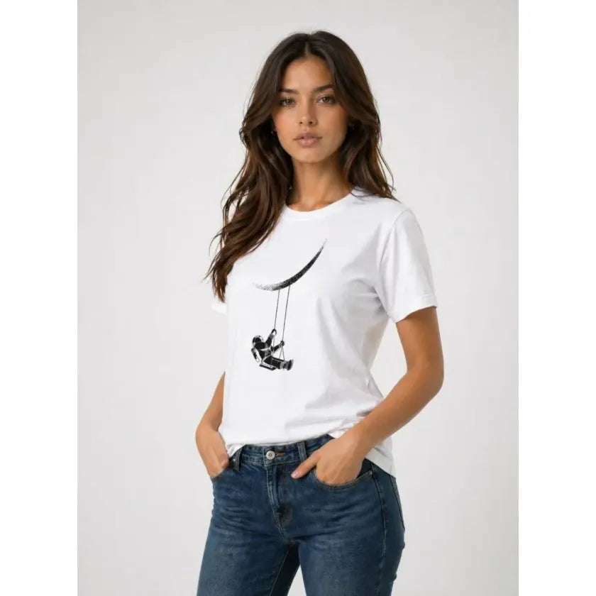 Astronot Ay Temalı Tişört Kısa Kol Yazlık Bisiklet Yaka T-Shirt - Beyaz