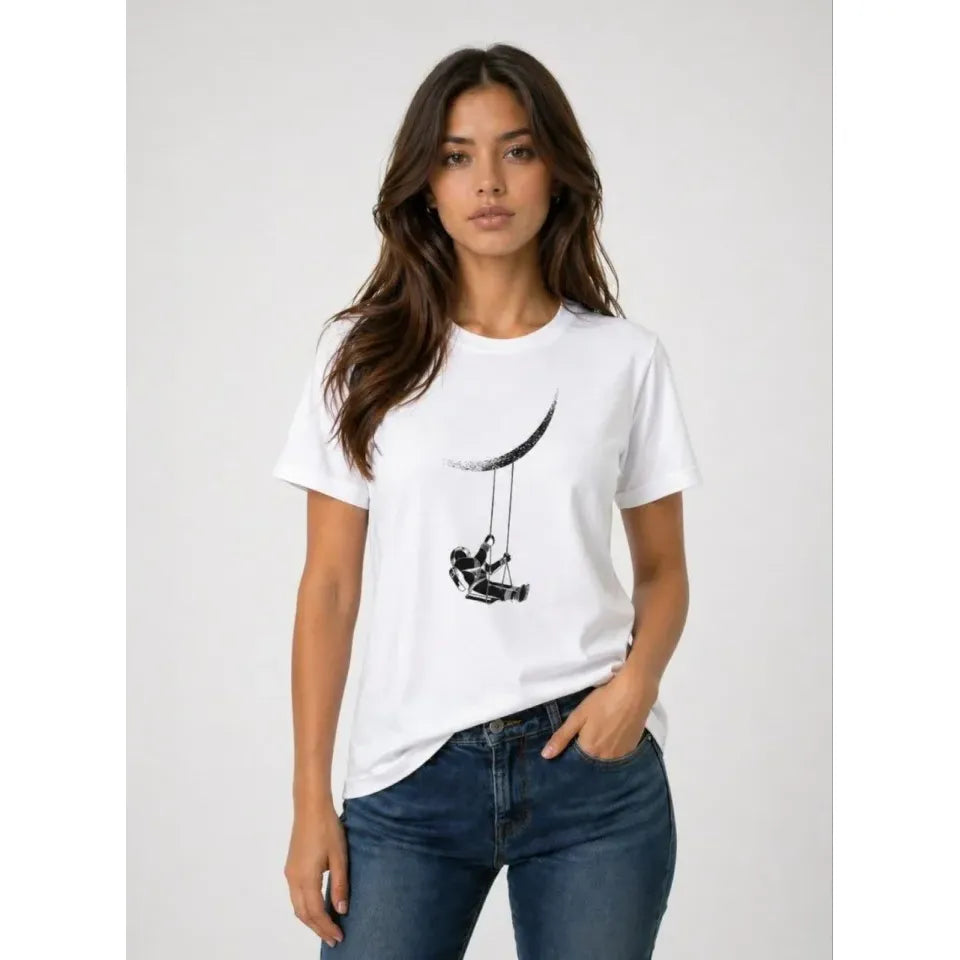 Astronot Ay Temalı Tişört Kısa Kol Yazlık Bisiklet Yaka T-Shirt - Beyaz
