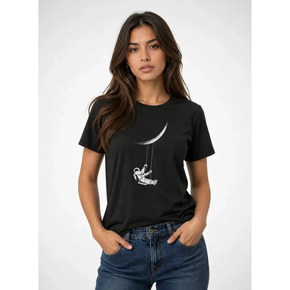 Astronot Ay Temalı Tişört Kısa Kol Yazlık Bisiklet Yaka T-Shirt - Siyah