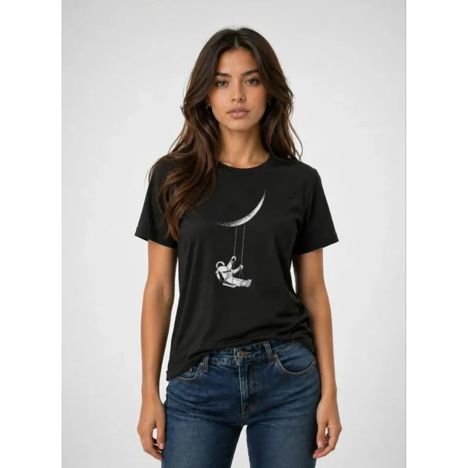 Astronot Ay Temalı Tişört Kısa Kol Yazlık Bisiklet Yaka T-Shirt - Siyah