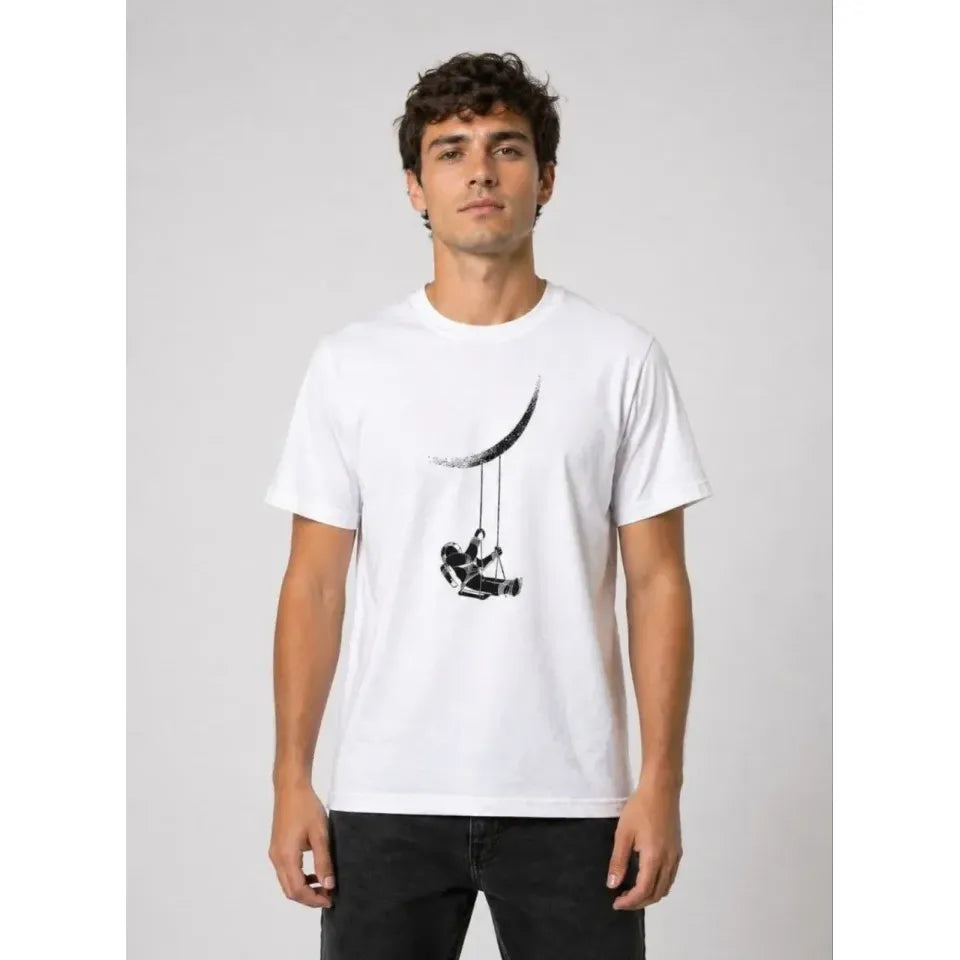 Erkek Astronot Ay Temalı Tişört Kısa Kol Yazlık Bisiklet Yaka T-Shirt - Beyaz